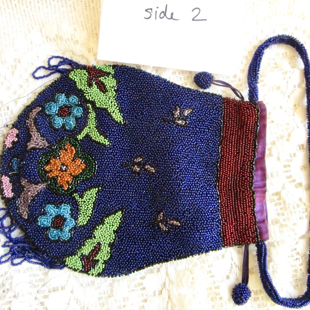 seed-bead Victorian antique handbag in radiant navy with florals ... hand-stitch